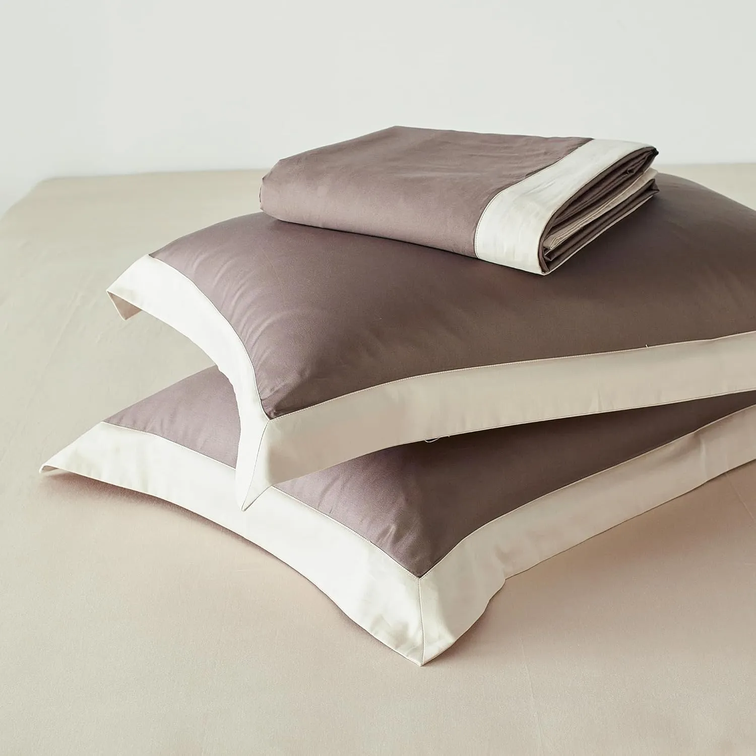 YuHeGuoJi Beige Brown Duvet Cover Queen 100% Egyptian Cotton 3 Pcs Set 1 Hotel Collection Double Solid Color Duvet Cover with Zipper Ties 2 Pillow Shams Decorative Brown Beige Hemmed Bedding Set