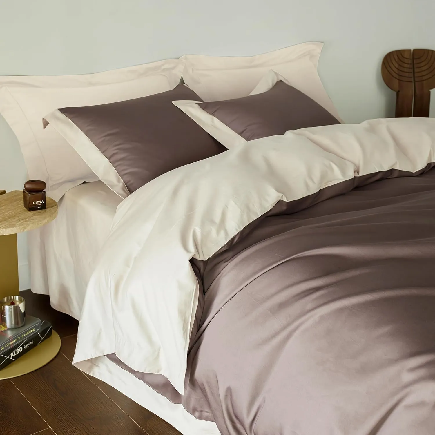 YuHeGuoJi Beige Brown Duvet Cover Queen 100% Egyptian Cotton 3 Pcs Set 1 Hotel Collection Double Solid Color Duvet Cover with Zipper Ties 2 Pillow Shams Decorative Brown Beige Hemmed Bedding Set