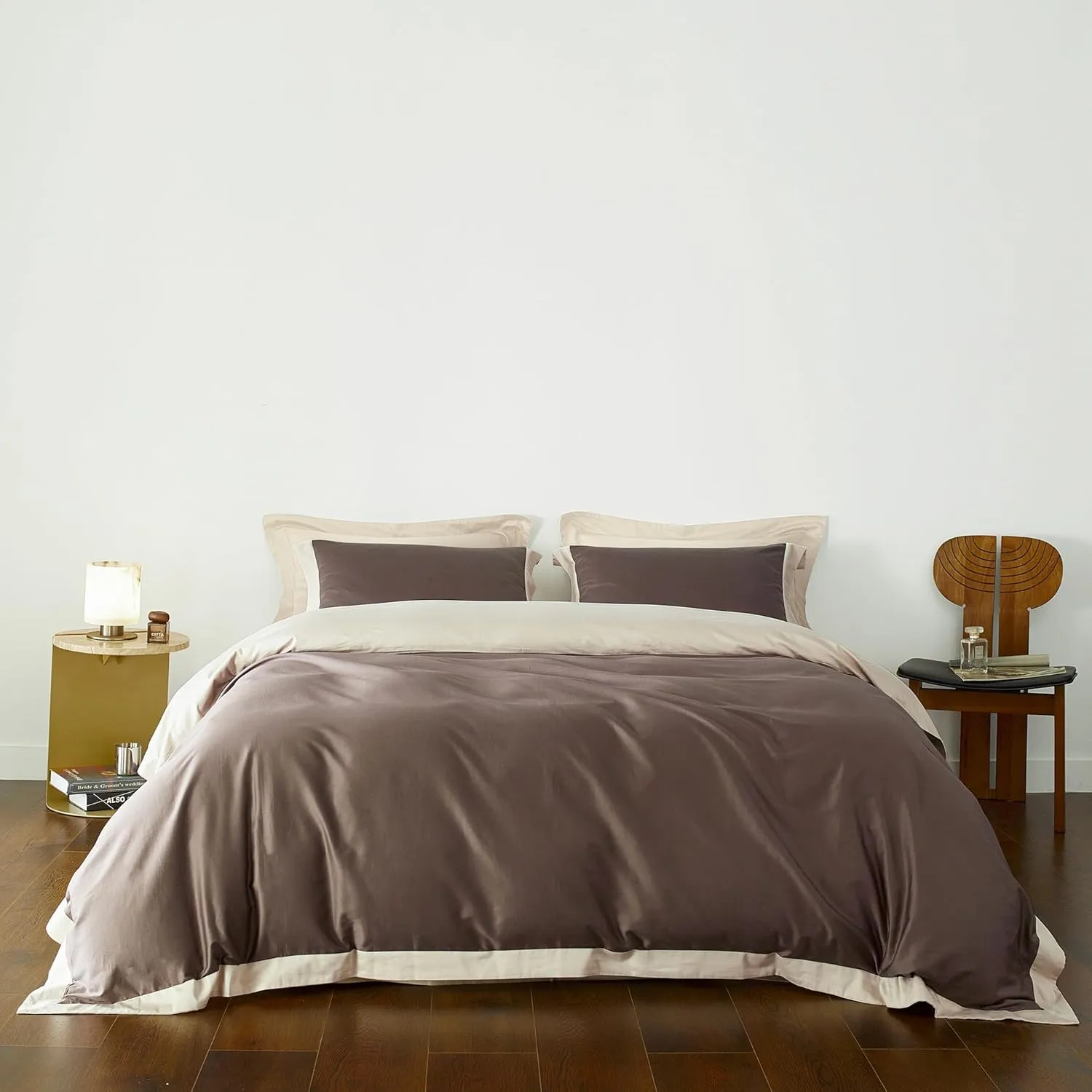 YuHeGuoJi Beige Brown Duvet Cover Queen 100% Egyptian Cotton 3 Pcs Set 1 Hotel Collection Double Solid Color Duvet Cover with Zipper Ties 2 Pillow Shams Decorative Brown Beige Hemmed Bedding Set