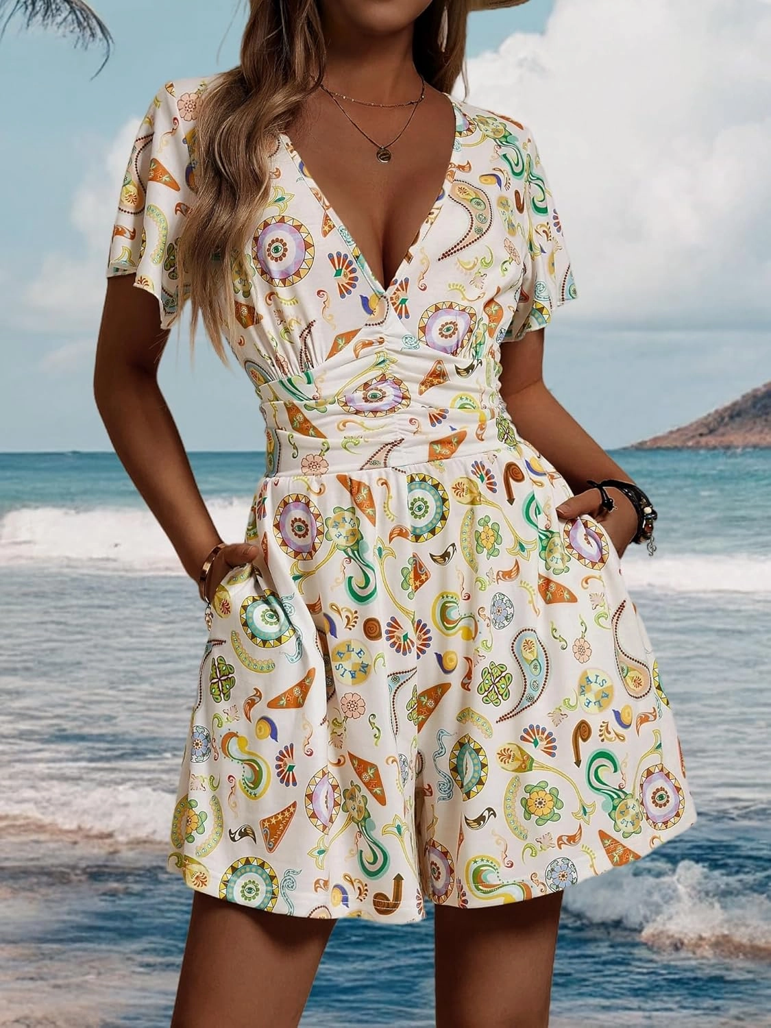 ZABERRY Women's Back Lace Up Floral Rompers with Pockets Short Ruffle Sleeve Summer Jumpsuits Wide leg Outfit
