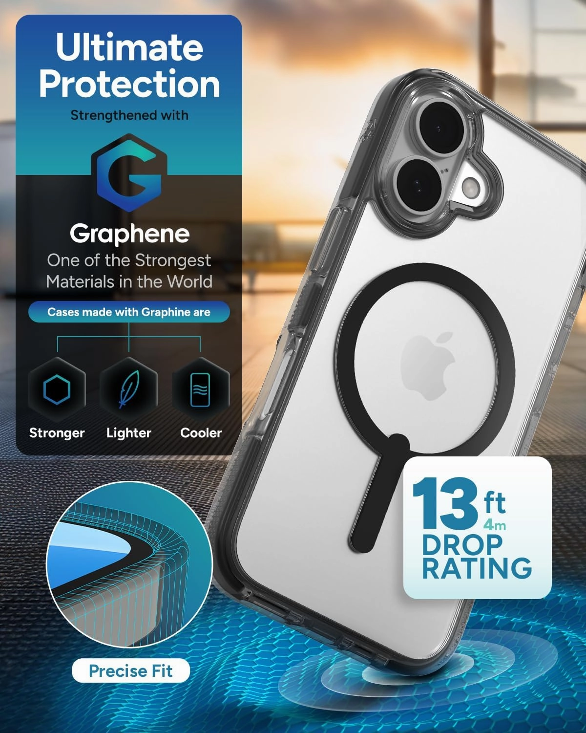 ZAGG Santa Cruz Snap iPhone 16 Case – MagSafe Compatible, 13ft Military-Grade Drop Protection, Graphene Reinforced, Anti-Scratch, Slim & Lightweight, 70% Recycled Content, Clear with Black Accents