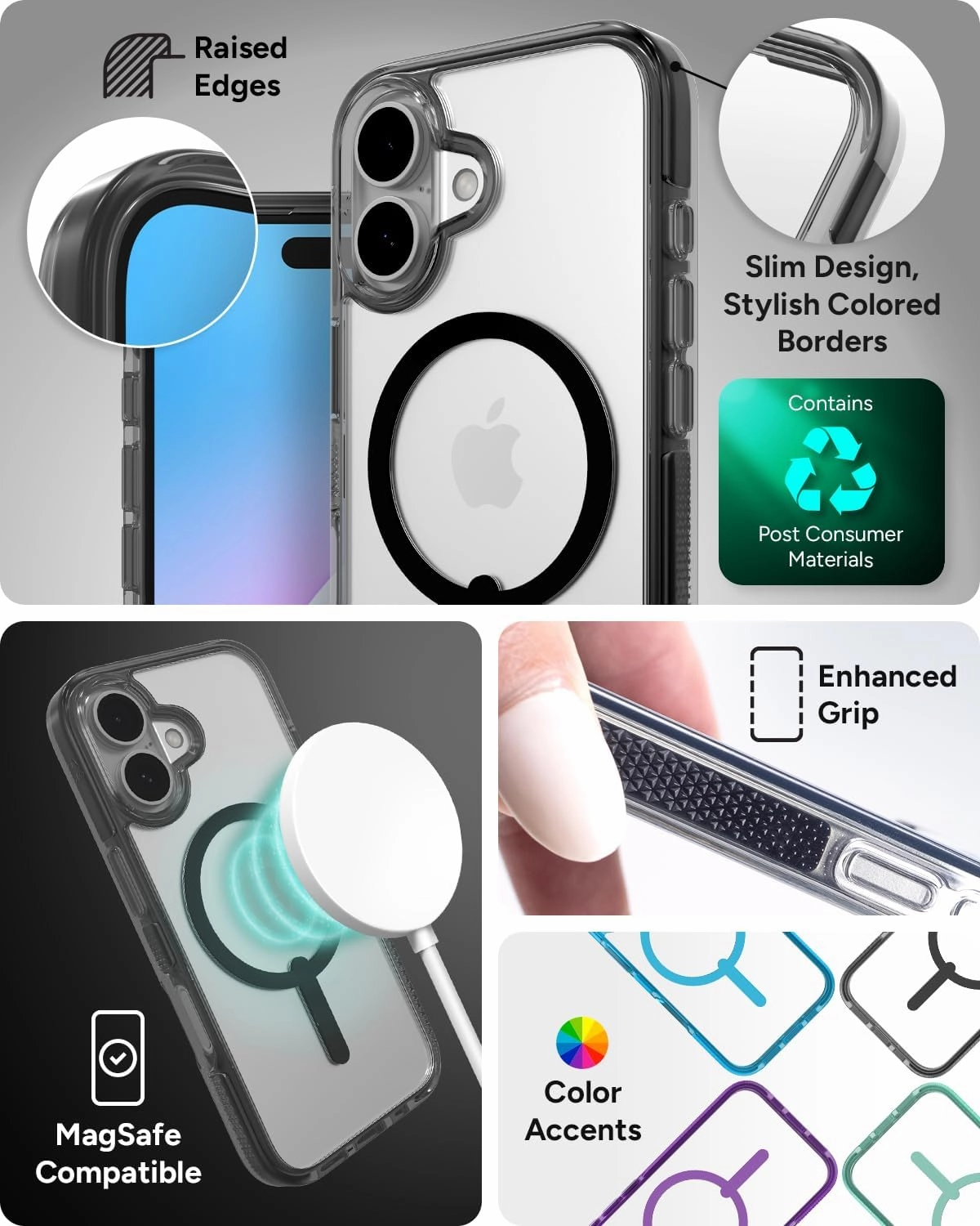 ZAGG Santa Cruz Snap iPhone 16 Case – MagSafe Compatible, 13ft Military-Grade Drop Protection, Graphene Reinforced, Anti-Scratch, Slim & Lightweight, 70% Recycled Content, Clear with Black Accents