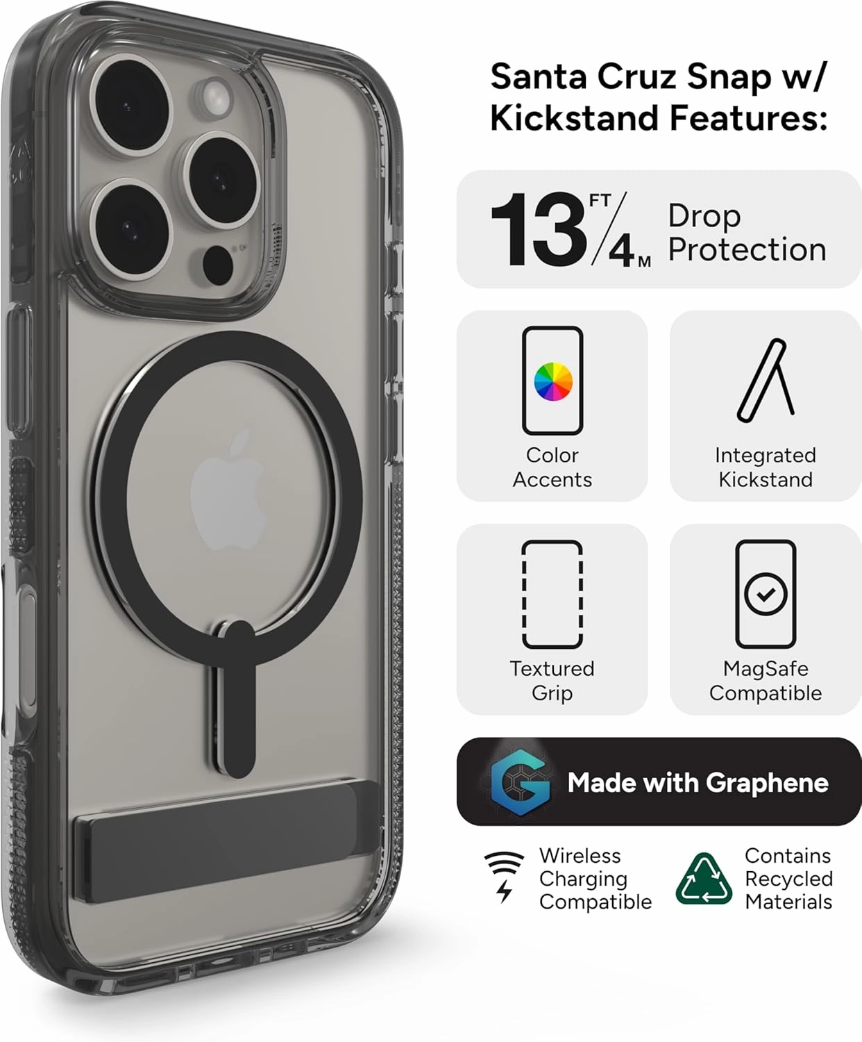 ZAGG Santa Cruz Snap with Kickstand Case for iPhone 16 Pro – MagSafe Compatible, 13ft Military-Grade Drop Protection, Reinforced with Graphene, Slim Clear Case with Vibrant Color Accents, Black