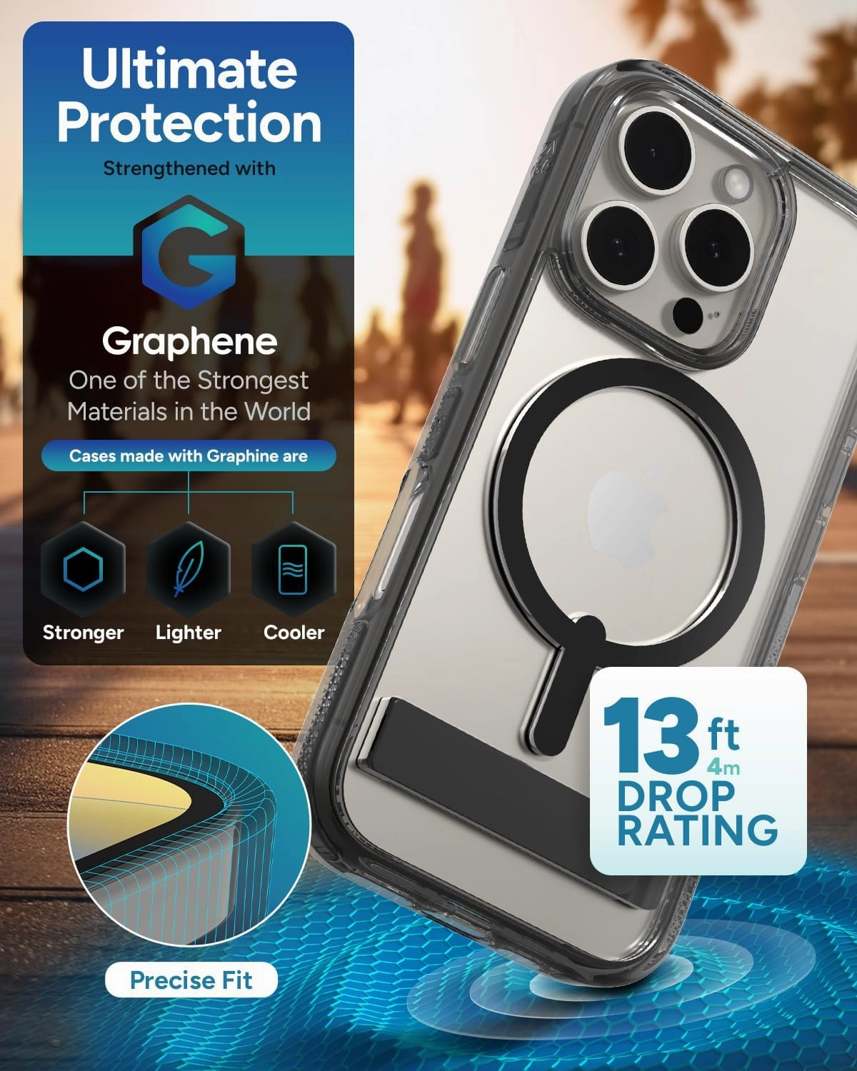 ZAGG Santa Cruz Snap with Kickstand Case for iPhone 16 Pro – MagSafe Compatible, 13ft Military-Grade Drop Protection, Reinforced with Graphene, Slim Clear Case with Vibrant Color Accents, Black