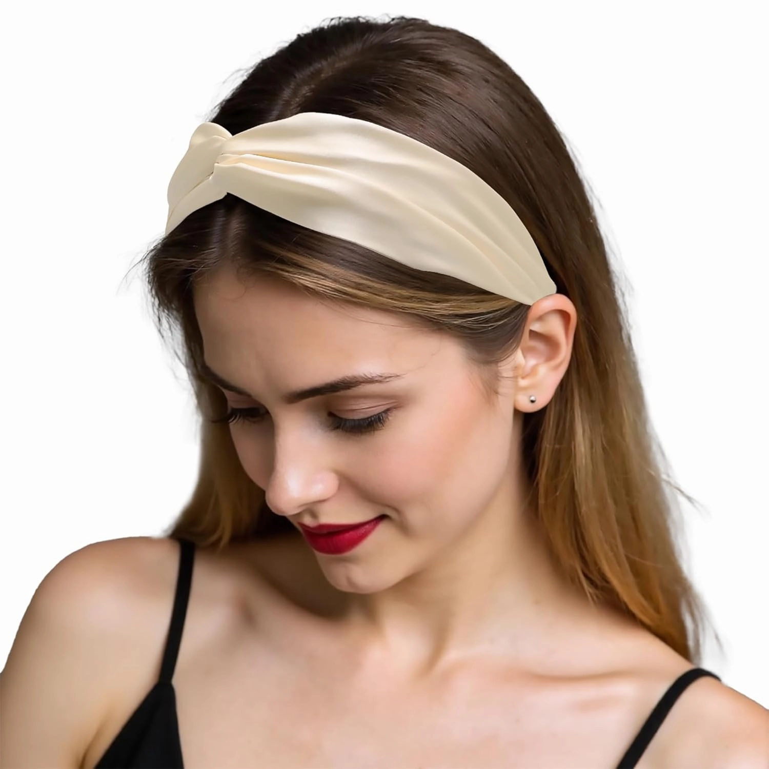 ZLYC Mulberry Silk Headband Elastic Twist Knotted Head Bands for Women's Hair, Solid Beige Cream