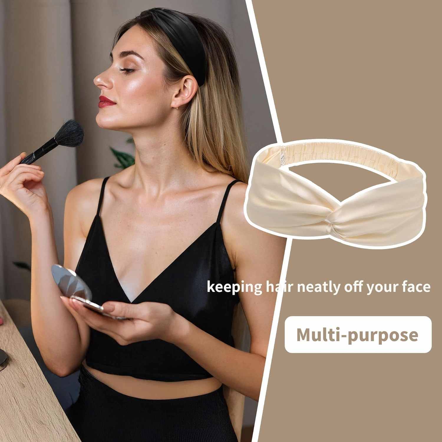 ZLYC Mulberry Silk Headband Elastic Twist Knotted Head Bands for Women's Hair, Solid Beige Cream