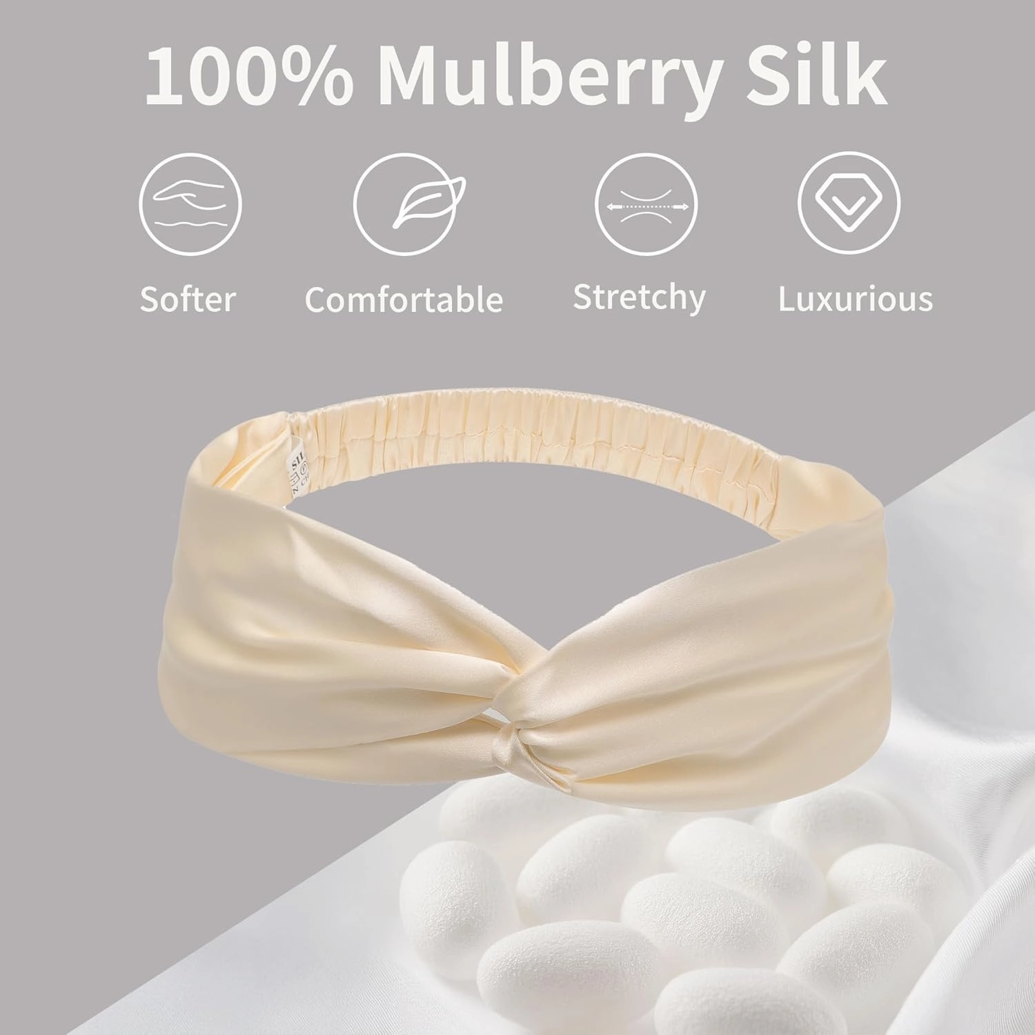 ZLYC Mulberry Silk Headband Elastic Twist Knotted Head Bands for Women's Hair, Solid Beige Cream