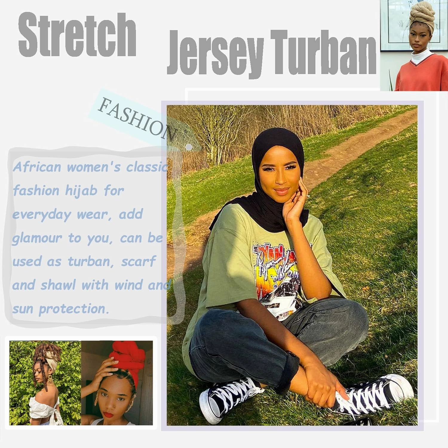 ZRQ 5 Pieces Stretch Headwrap Scarf Jersey Turbans for Women Fashion Headwear Boho Extra Long Scarf Soft Breathable Easy Knot Hijab Tie (Black,Coffee,Beige,Leather powder,Dark Grey)