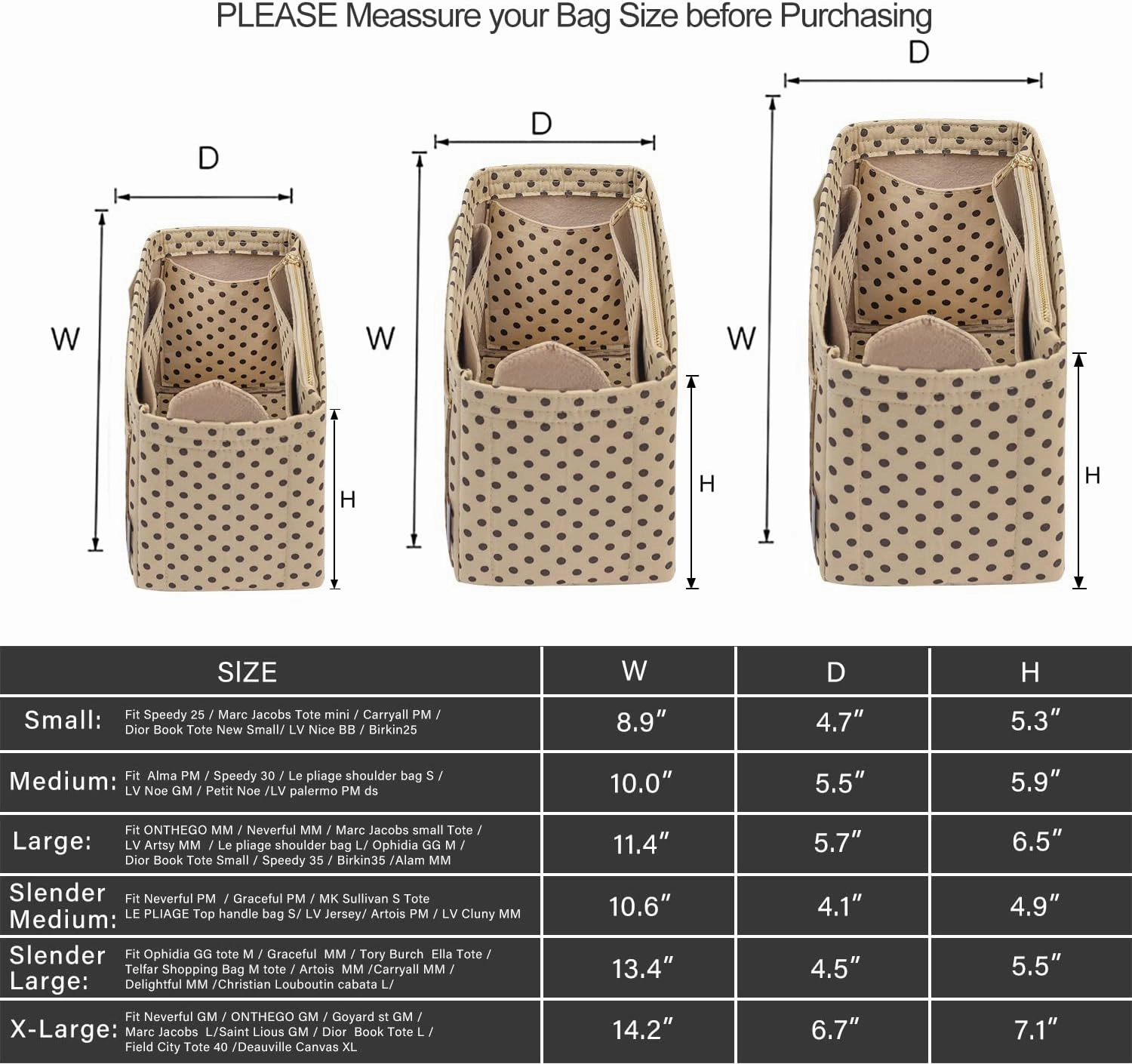 ZTUJO Purse Organizer Insert For Handbags, Silky Touching Bag Organizer Insert With Bottle Holder, Perfect for Speedy, Neverfull, Tote,ONTHEGO,Artsy,Handbag and More (X-Large, Brown polk dots Beige)