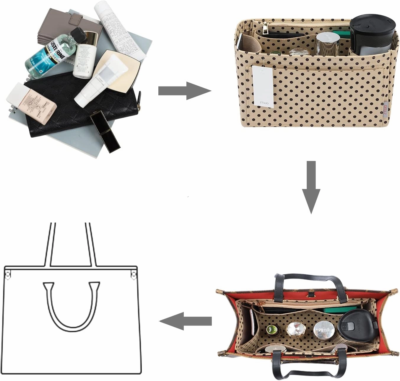 ZTUJO Purse Organizer Insert For Handbags, Silky Touching Bag Organizer Insert With Bottle Holder, Perfect for Speedy, Neverfull, Tote,ONTHEGO,Artsy,Handbag and More (X-Large, Brown polk dots Beige)
