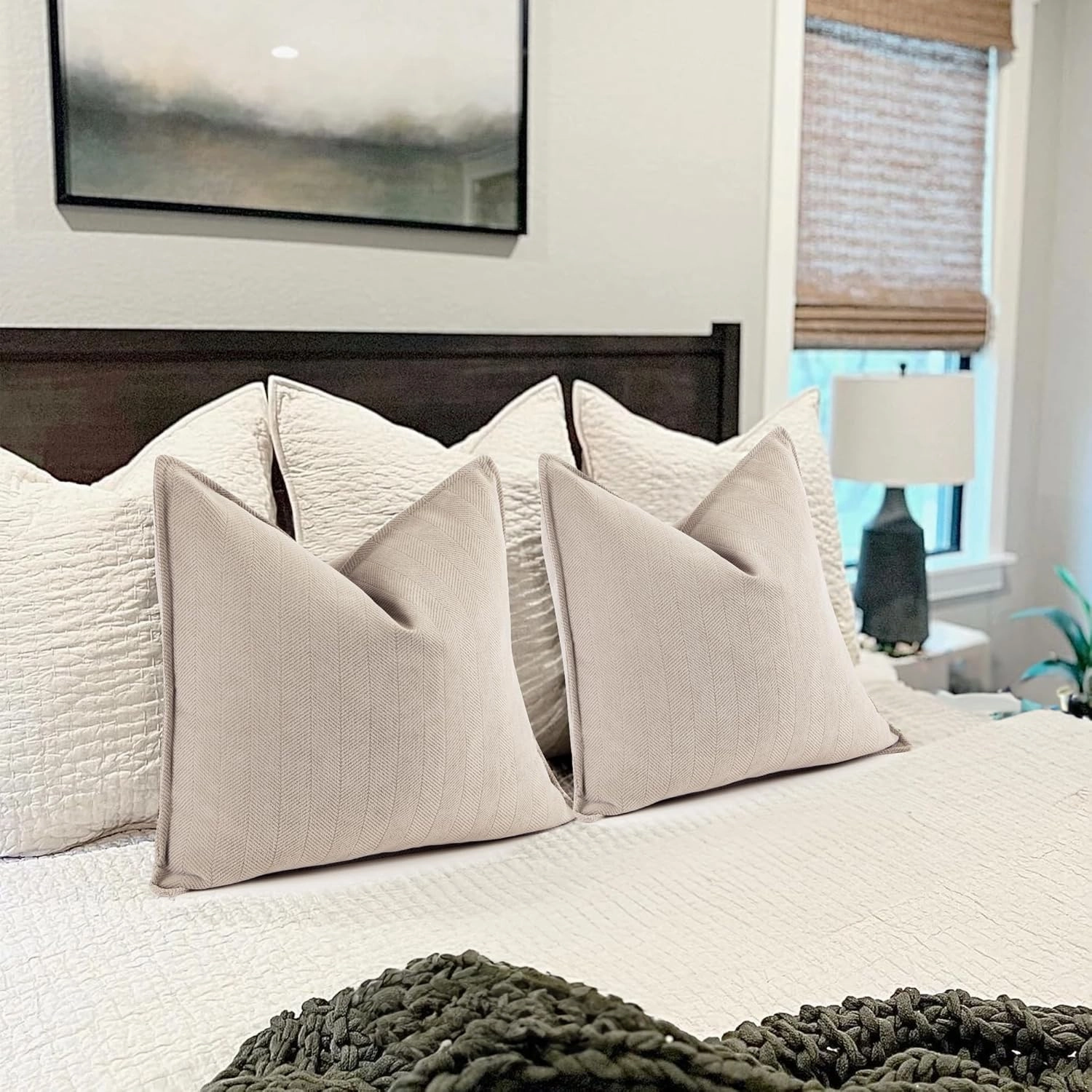 ZWJD Beige Pillow Covers 22x22 Set of 2 Chenille Throw Pillow Covers with Elegant Design Soft and Luxurious Decorative Throw Pillows for Couch, Bed, and Home Decor